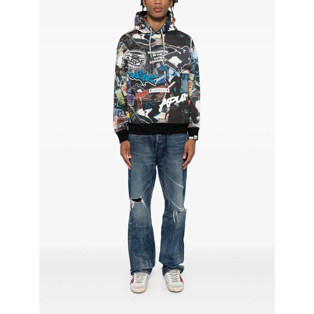 NEW AAPE moonface logo graffiti print hoodie in black